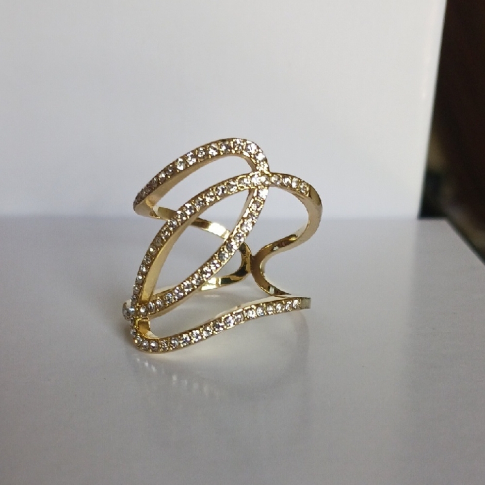 Gold And Silver Statement Ring With Crystal Accen… - image 1